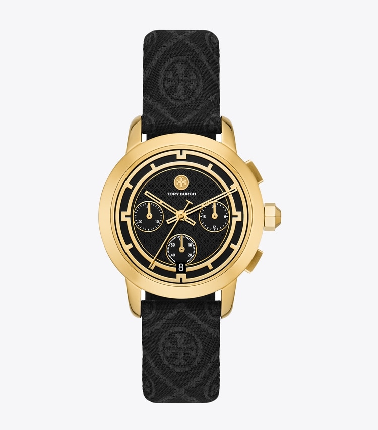 TORY BURCH WOMEN'S TORY CHRONOGRAPH WATCH, T MONOGRAM JACQUARD/ LEATHER/ GOLD-TONE STAINLESS STEEL - Black/Gold/Black T Monogram Jacquard - Click Image to Close