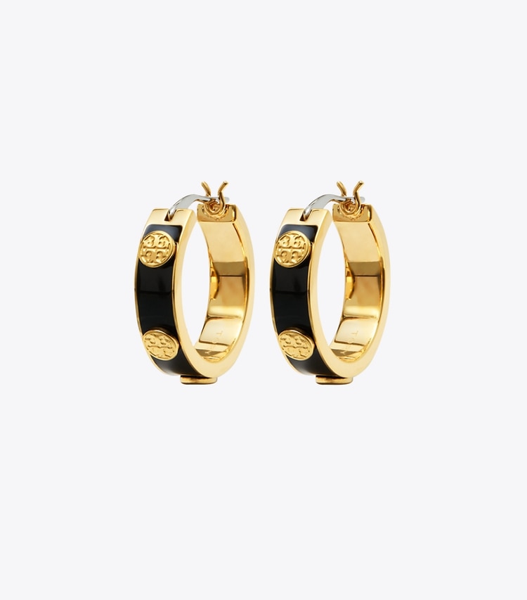 TORY BURCH WOMEN'S MILLER STUD ENAMEL HOOP EARRING - Tory Gold / Black - Click Image to Close