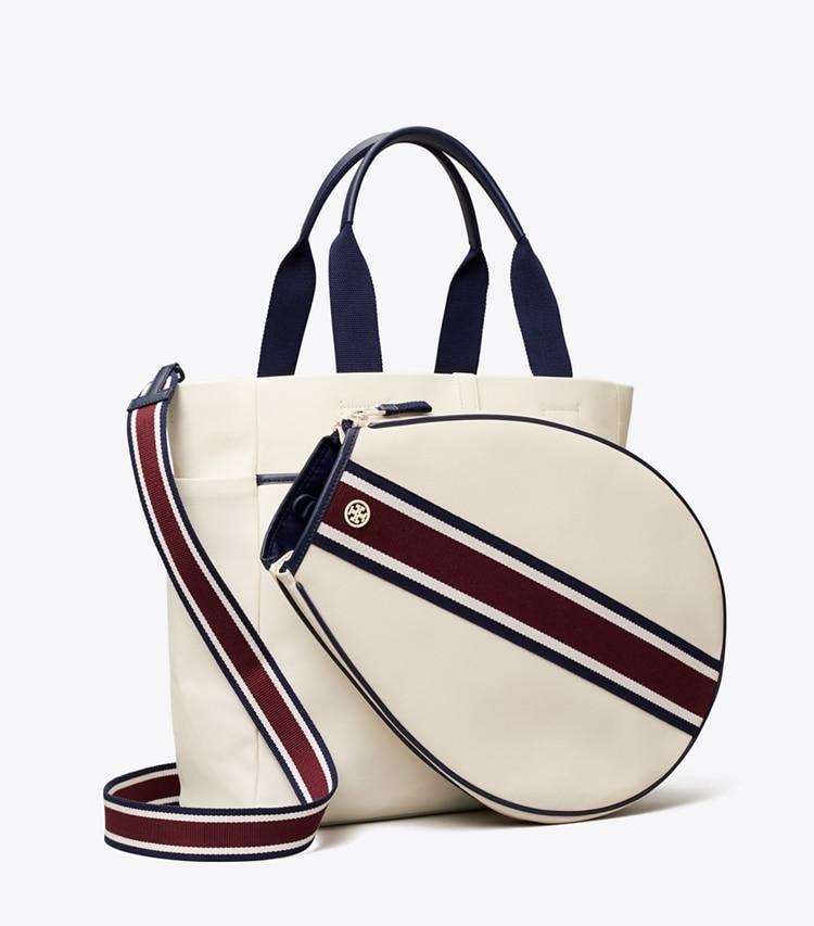 TORY BURCH WOMEN'S CONVERTIBLE STRIPE TENNIS TOTE - Ivory Pearl / Winetasting