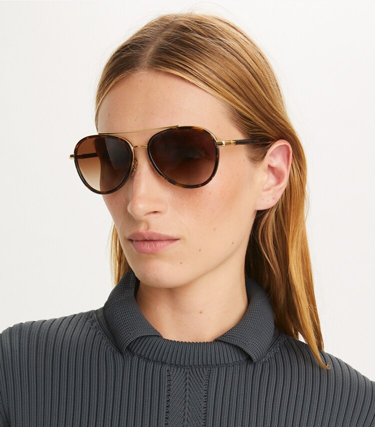 TORY BURCH WOMEN'S ELEANOR PILOT SUNGLASSES - Dark Tortoise