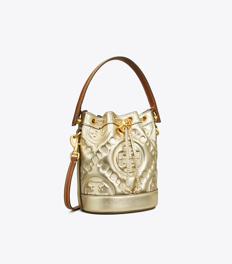 TORY BURCH WOMEN'S T MONOGRAM EMBOSSED METALLIC MINI BUCKET BAG - Gold