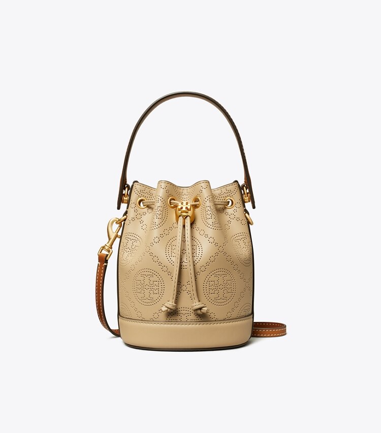 TORY BURCH WOMEN'S MINI T MONOGRAM PERFORATED LEATHER BUCKET BAG - Almond Flour