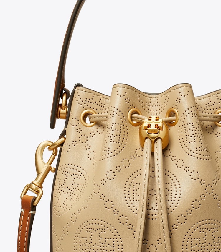 TORY BURCH WOMEN'S MINI T MONOGRAM PERFORATED LEATHER BUCKET BAG - Almond Flour