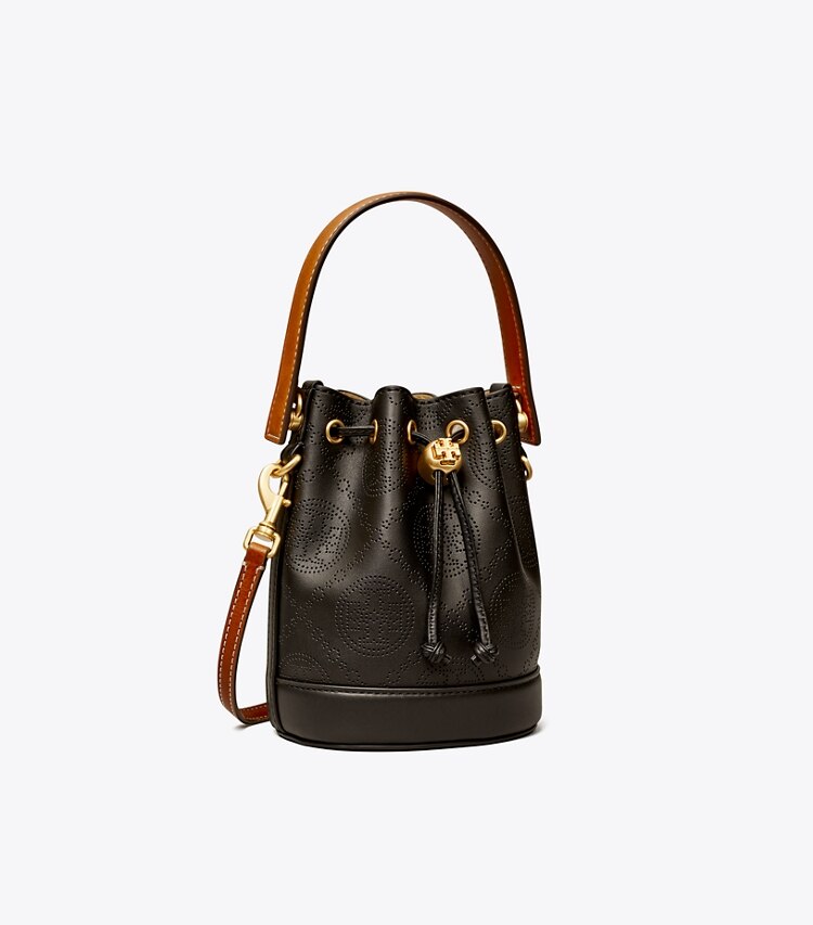 TORY BURCH WOMEN'S MINI T MONOGRAM PERFORATED LEATHER BUCKET BAG - Black - Click Image to Close