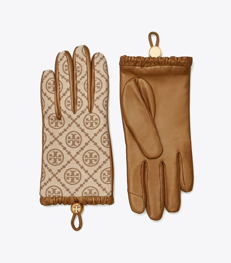 TORY BURCH WOMEN'S T MONOGRAM GLOVES - Hazel / Bistro Brown - Click Image to Close