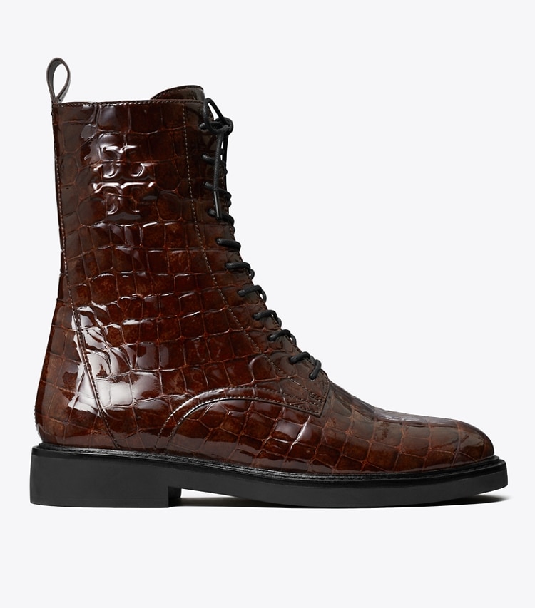 TORY BURCH WOMEN'S DOUBLE T COMBAT BOOT - Brown Croc