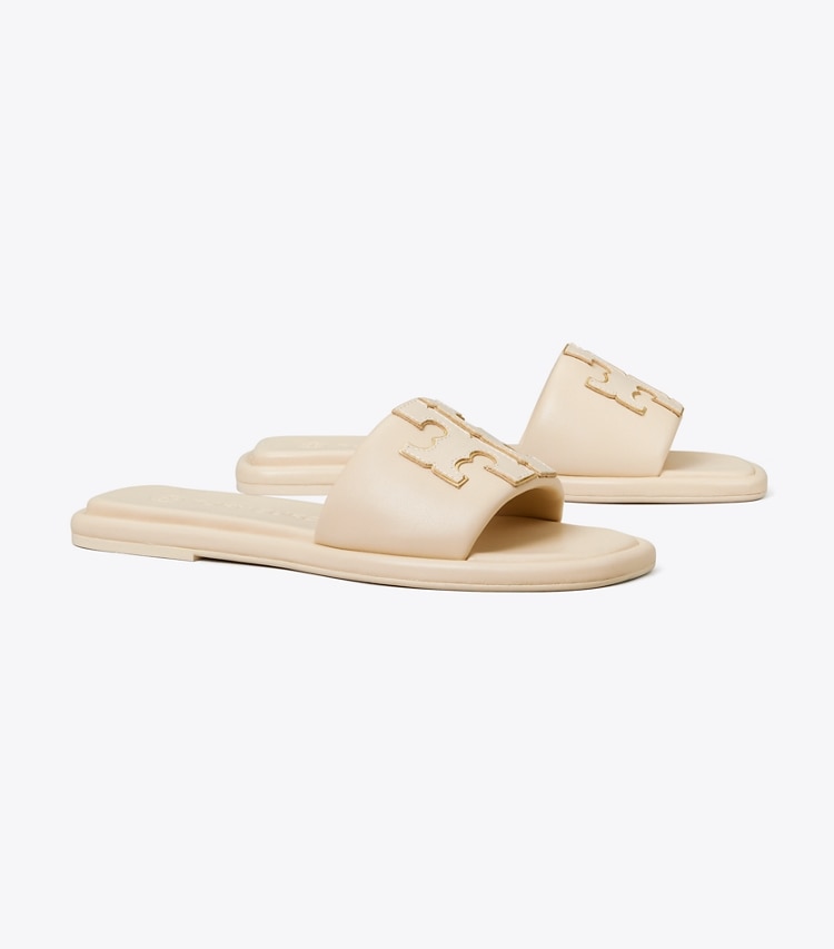 TORY BURCH WOMEN'S DOUBLE T SPORT SLIDE - Dulce De Leche / Gold - Click Image to Close