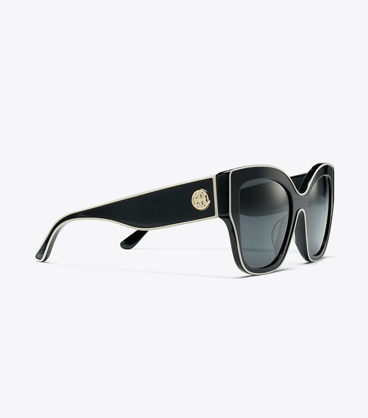 TORY BURCH WOMEN'S OVERSIZED CAT-EYE SUNGLASSES - Black W/Ivory Piping/Solid Grey