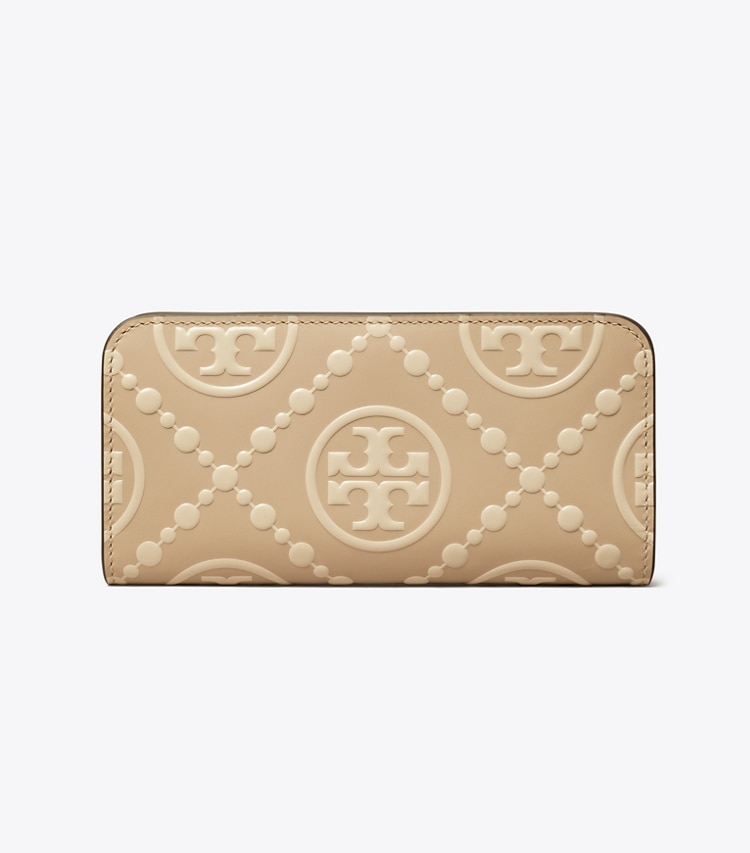 TORY BURCH WOMEN'S T MONOGRAM CONTRAST EMBOSSED ZIP SLIM WALLET - Longan / New Cream