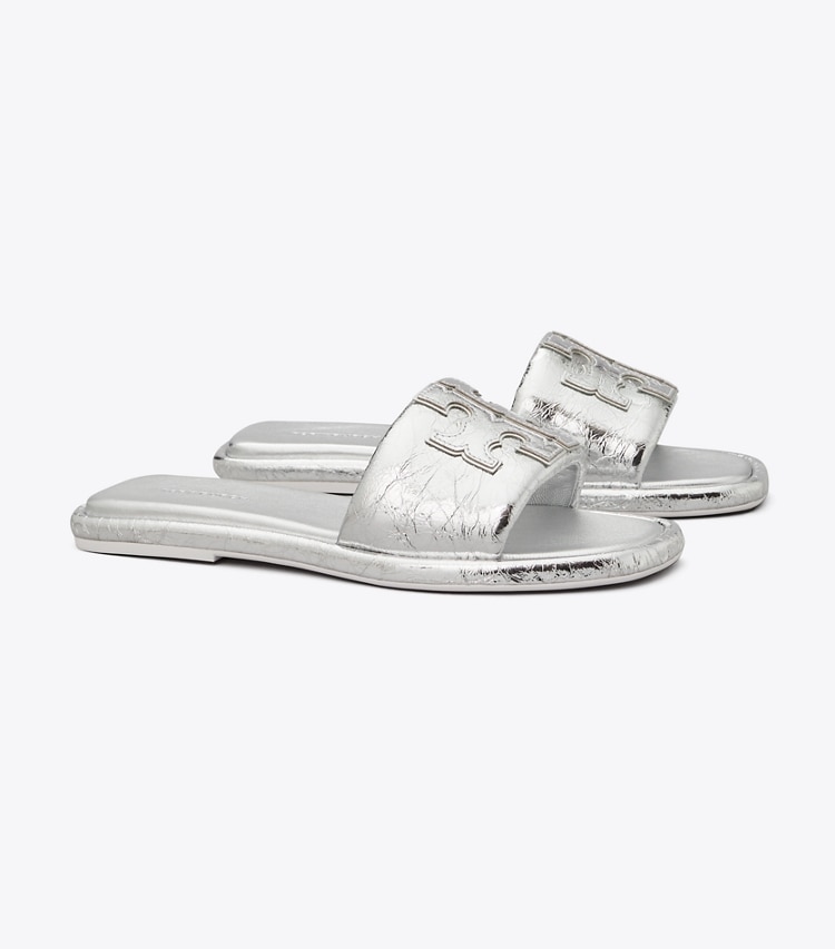 TORY BURCH WOMEN'S DOUBLE T SPORT SLIDE - Silver - Click Image to Close