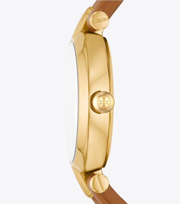 TORY BURCH WOMEN'S KIRA WATCH, LEATHER/GOLD-TONE STAINLESS STEEL - Ivory/Gold/Luggage