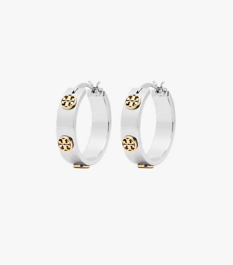 TORY BURCH WOMEN'S SMALL MILLER STUD HUGGIE EARRING - Tory Silver / Tory Gold - Click Image to Close