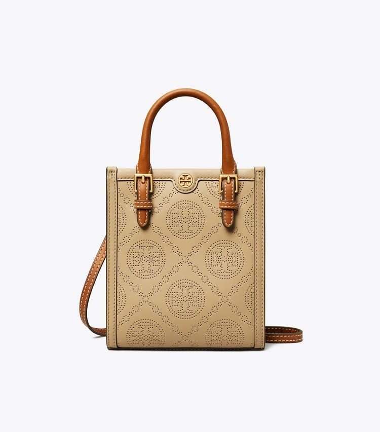 TORY BURCH WOMEN'S MINI T MONOGRAM PERFORATED TOTE - Almond Flour