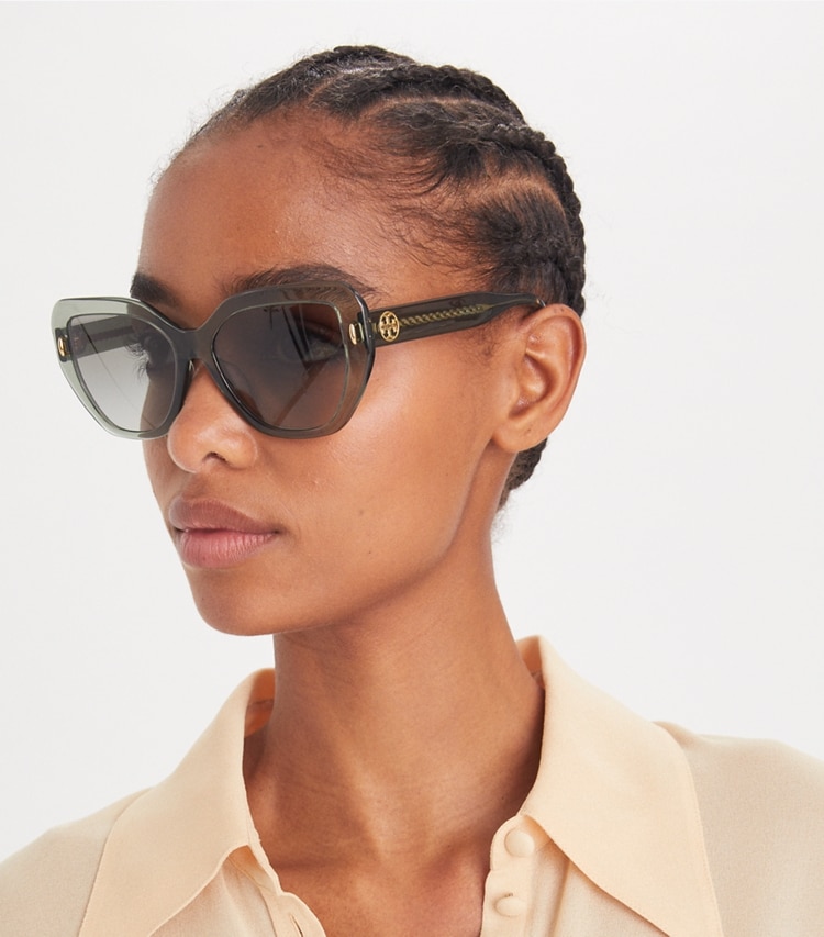 TORY BURCH WOMEN'S MILLER OVERSIZED CAT-EYE SUNGLASSES - Transparent Sage/ Light Grey Gradient