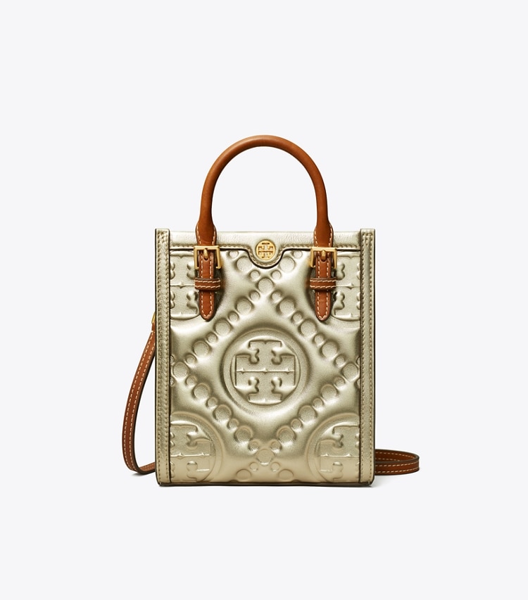 TORY BURCH WOMEN'S T MONOGRAM EMBOSSED METALLIC MINI TOTE - Gold