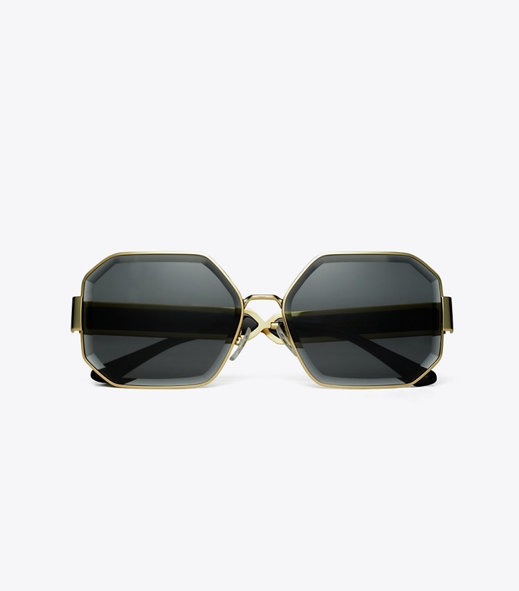 TORY BURCH WOMEN'S KIRA FACETED GEOMETRIC SUNGLASSES - Shiny Light Gold/Solid Grey