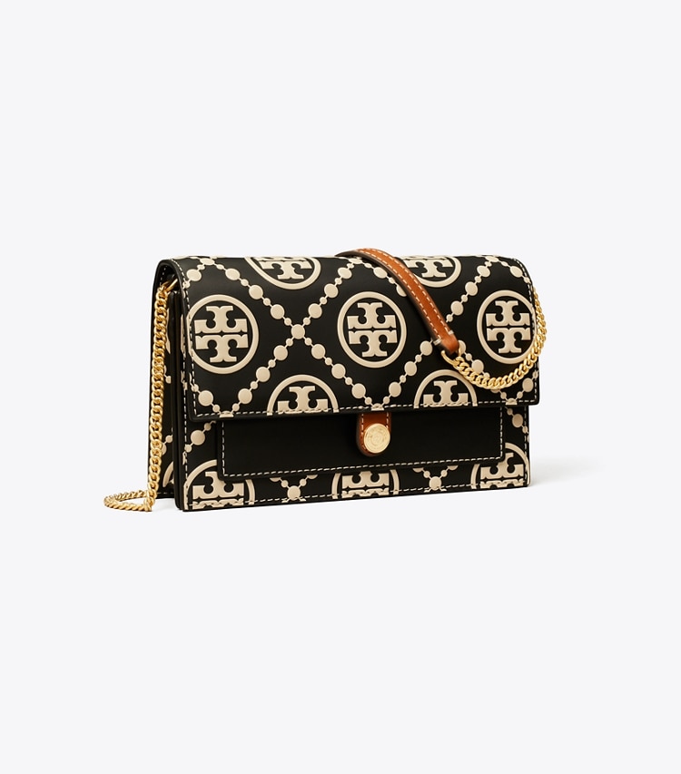 TORY BURCH WOMEN'S T MONOGRAM CONTRAST EMBOSSED CHAIN WALLET - Black / New Cream - Click Image to Close