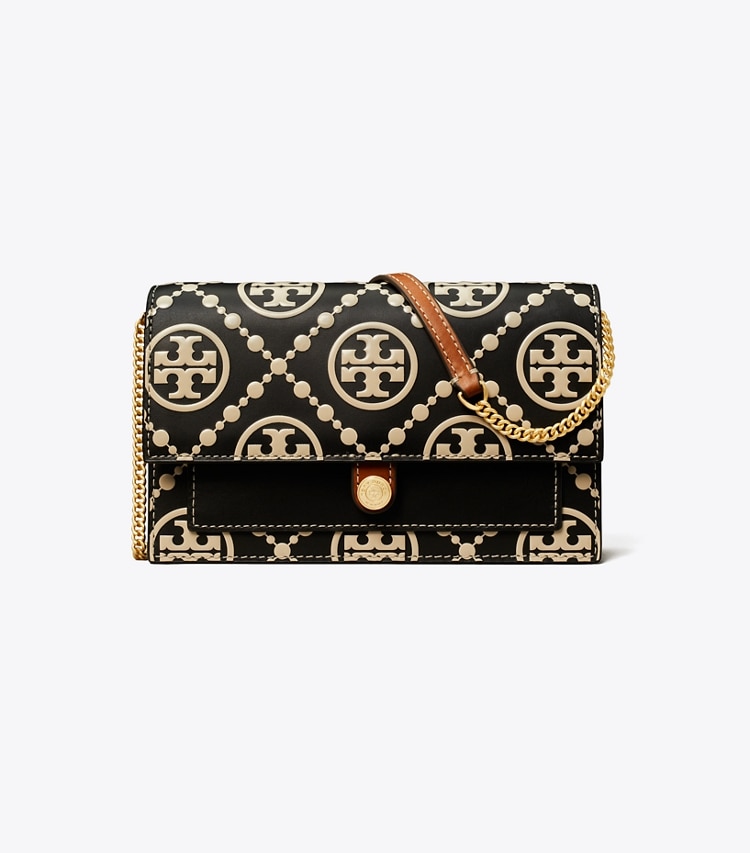 TORY BURCH WOMEN'S T MONOGRAM CONTRAST EMBOSSED CHAIN WALLET - Black / New Cream