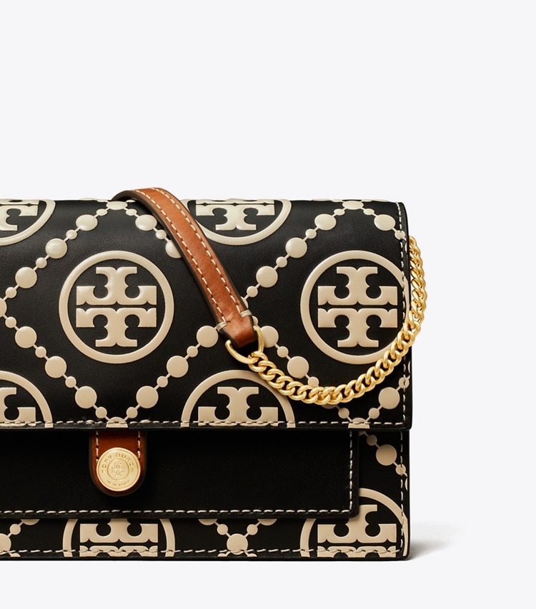 TORY BURCH WOMEN'S T MONOGRAM CONTRAST EMBOSSED CHAIN WALLET - Black / New Cream