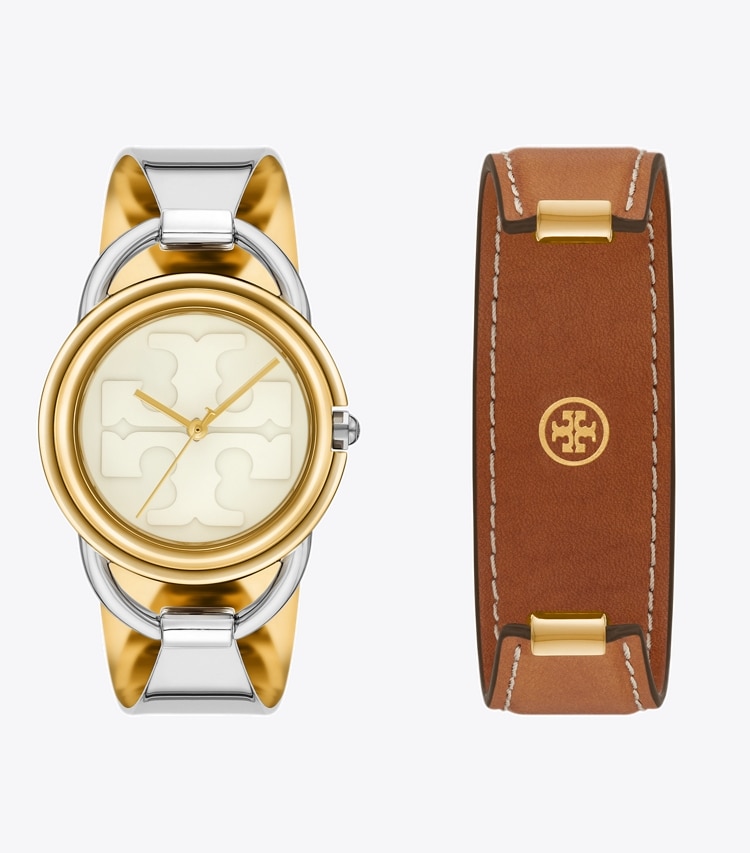 TORY BURCH WOMEN'S MILLER WATCH GIFT SET, LEATHER/TWO-TONE STAINLESS STEEL - Ivory/Two-Tone/Gold/Luggage - Click Image to Close