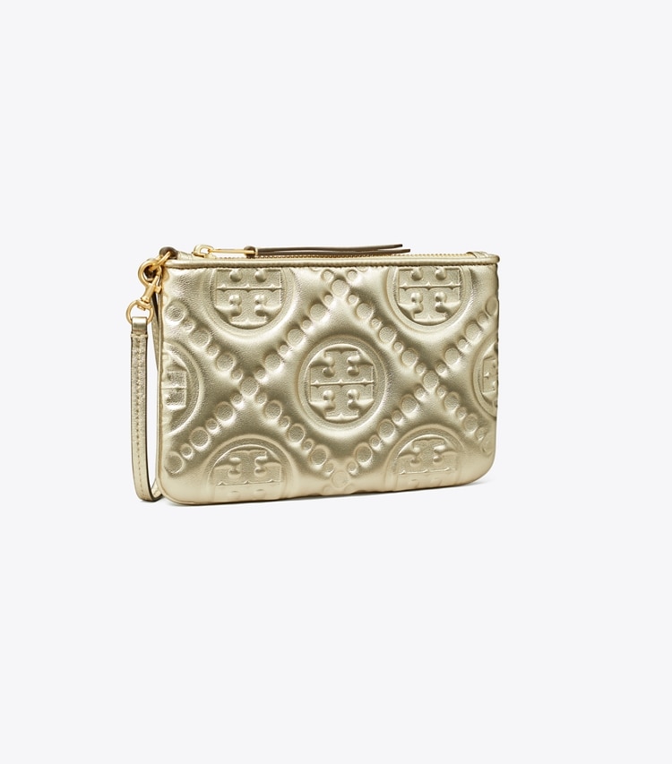 TORY BURCH WOMEN'S T MONOGRAM EMBOSSED METALLIC POUCH - White Gold