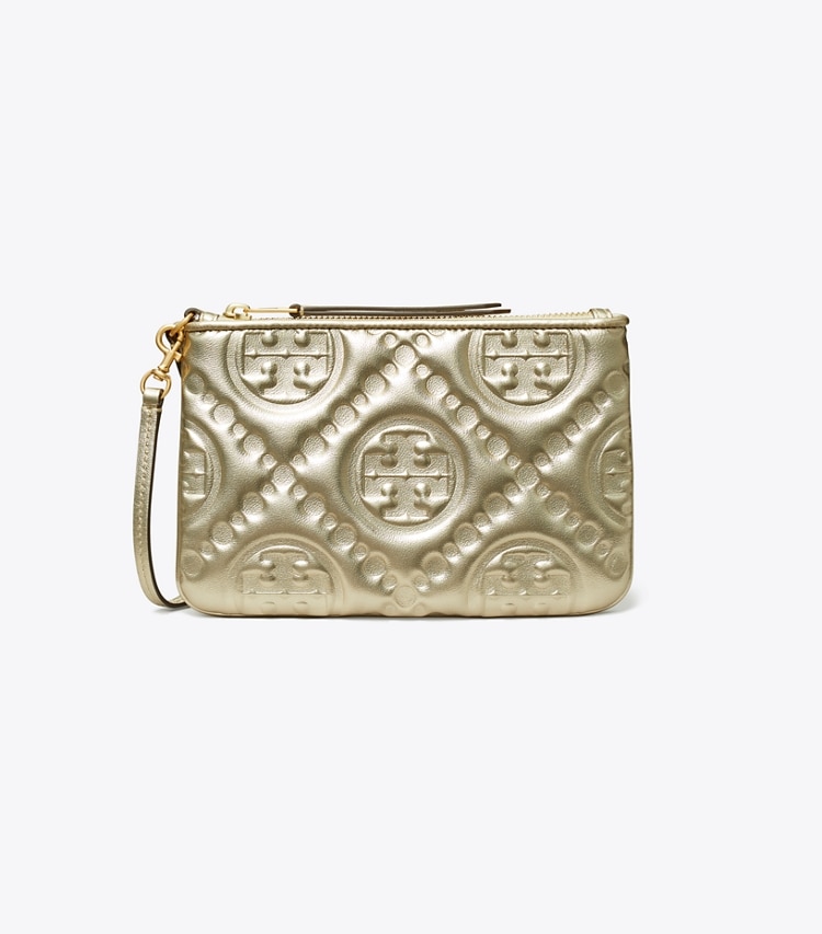 TORY BURCH WOMEN'S T MONOGRAM EMBOSSED METALLIC POUCH - White Gold