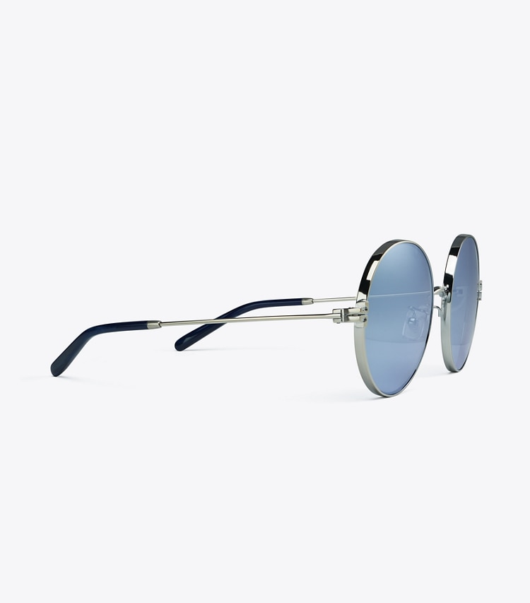 TORY BURCH WOMEN'S ELEANOR METAL ROUND SUNGLASSES - Shiny Silver/Dark Blue Mirror