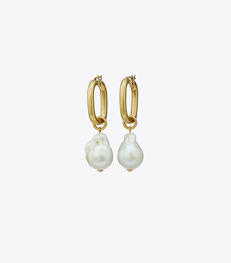 TORY BURCH WOMEN'S PEARL DROP EARRING - Antique Light Brass / Pearl - Click Image to Close