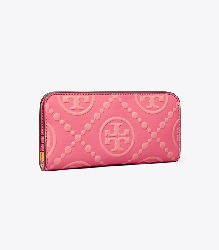 TORY BURCH WOMEN'S T MONOGRAM CONTRAST EMBOSSED ZIP SLIM WALLET - Pink Fluorite - Click Image to Close