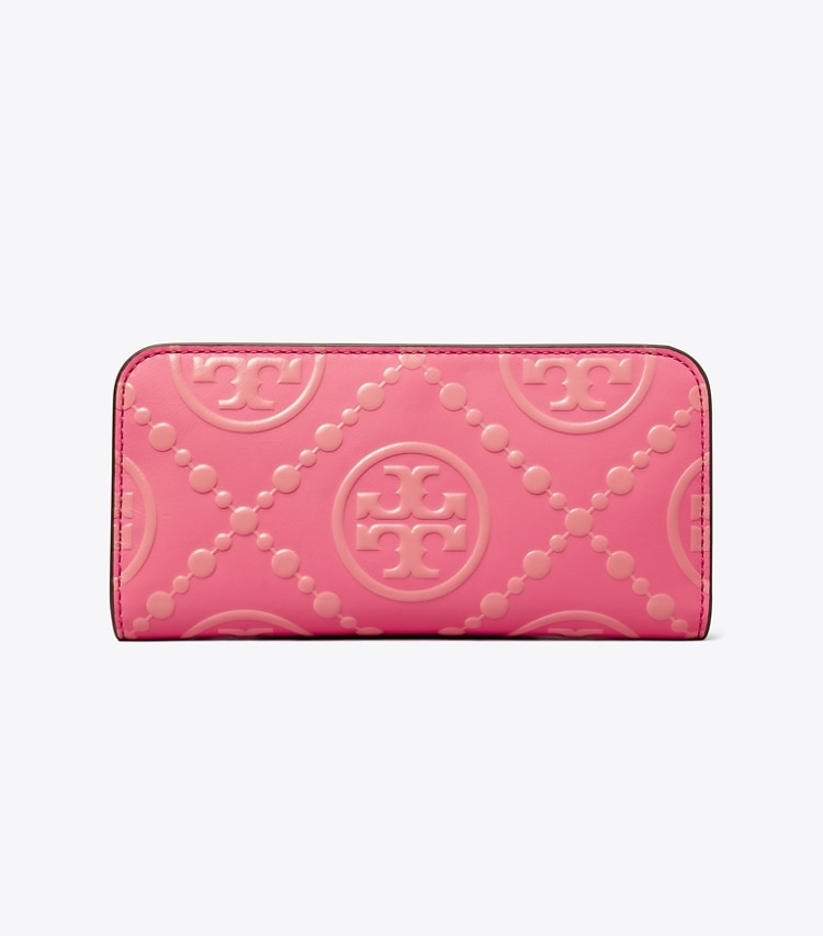 TORY BURCH WOMEN'S T MONOGRAM CONTRAST EMBOSSED ZIP SLIM WALLET - Pink Fluorite