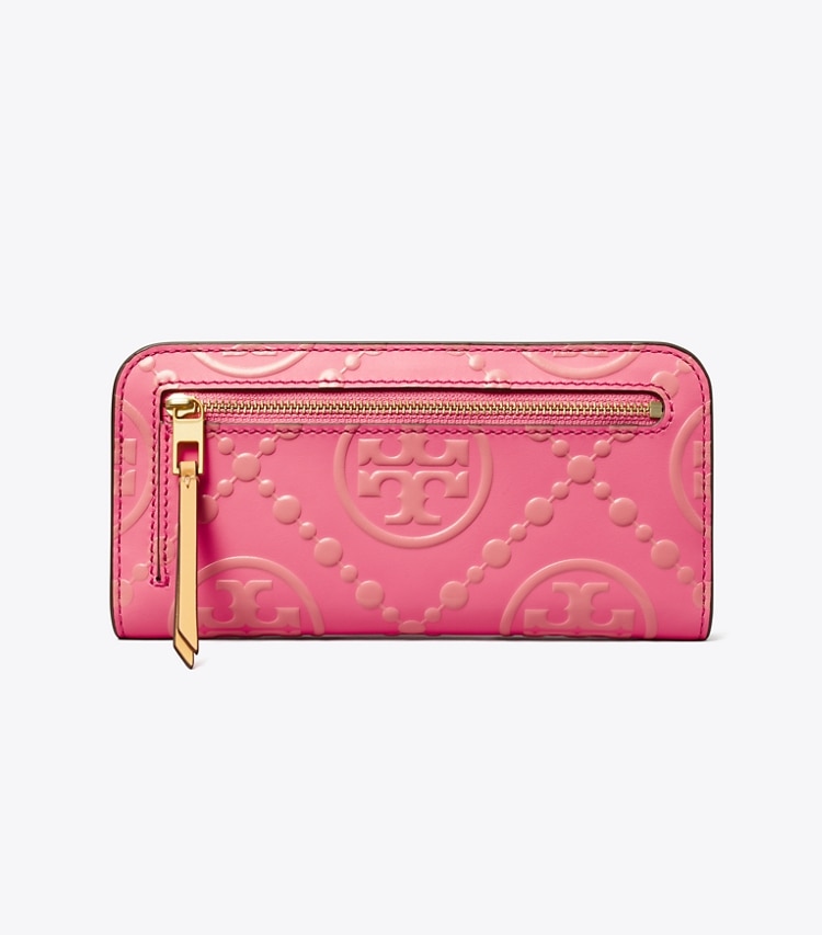 TORY BURCH WOMEN'S T MONOGRAM CONTRAST EMBOSSED ZIP SLIM WALLET - Pink Fluorite