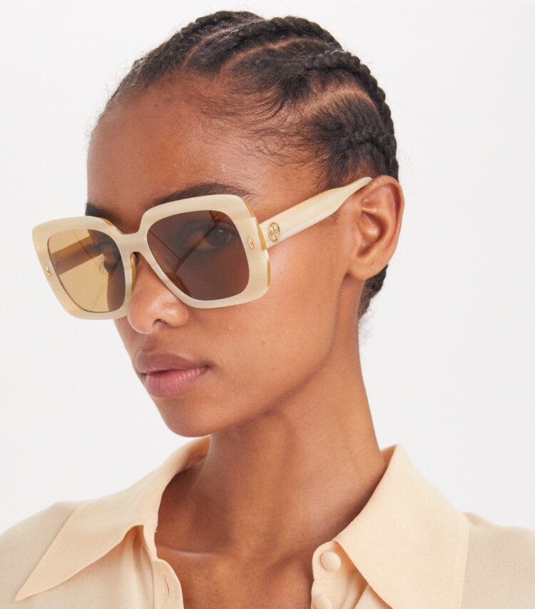 TORY BURCH WOMEN'S MILLER OVERSIZED SQUARE SUNGLASSES - Ivory Horn/Ochre