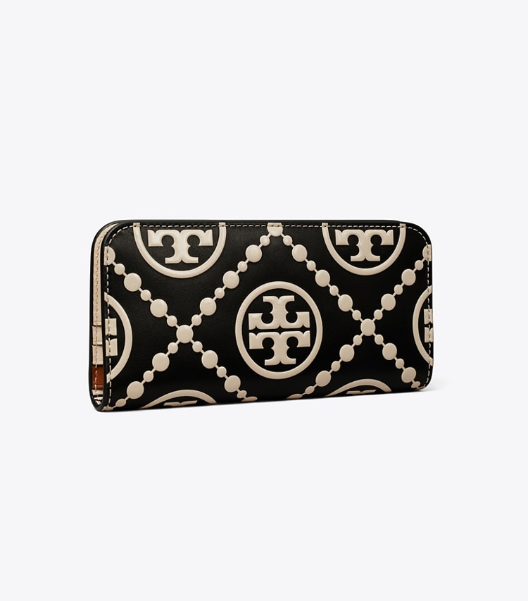 TORY BURCH WOMEN'S T MONOGRAM CONTRAST EMBOSSED ZIP SLIM WALLET - Black / New Cream - Click Image to Close