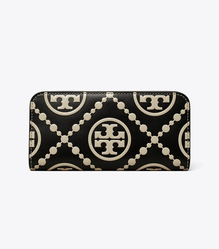 TORY BURCH WOMEN'S T MONOGRAM CONTRAST EMBOSSED ZIP SLIM WALLET - Black / New Cream