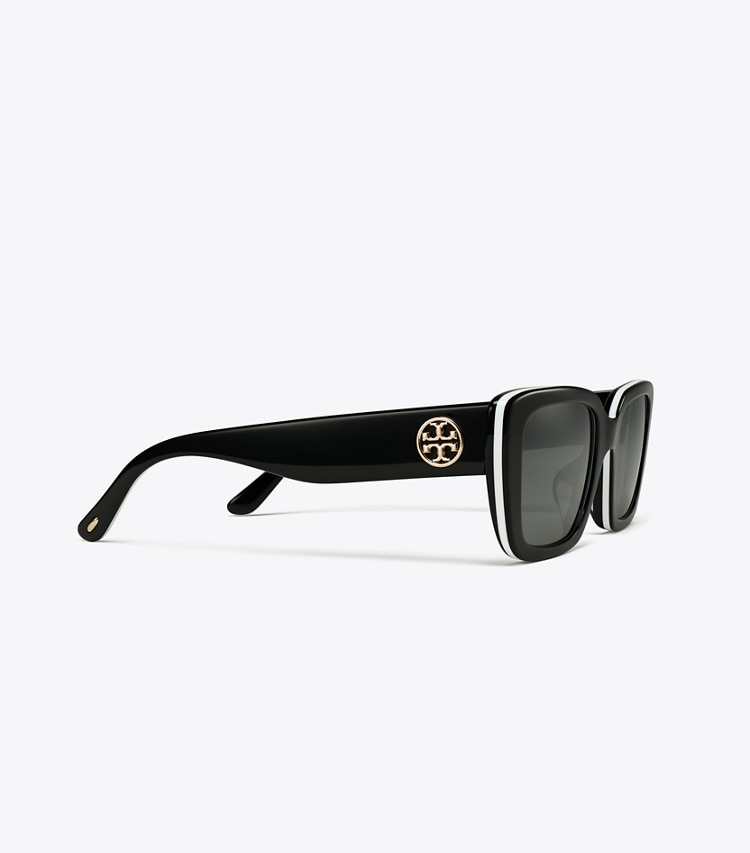 TORY BURCH WOMEN'S MILLER RECTANGULAR SUNGLASSES - Black White Trilayer/Grey Silver Mirror