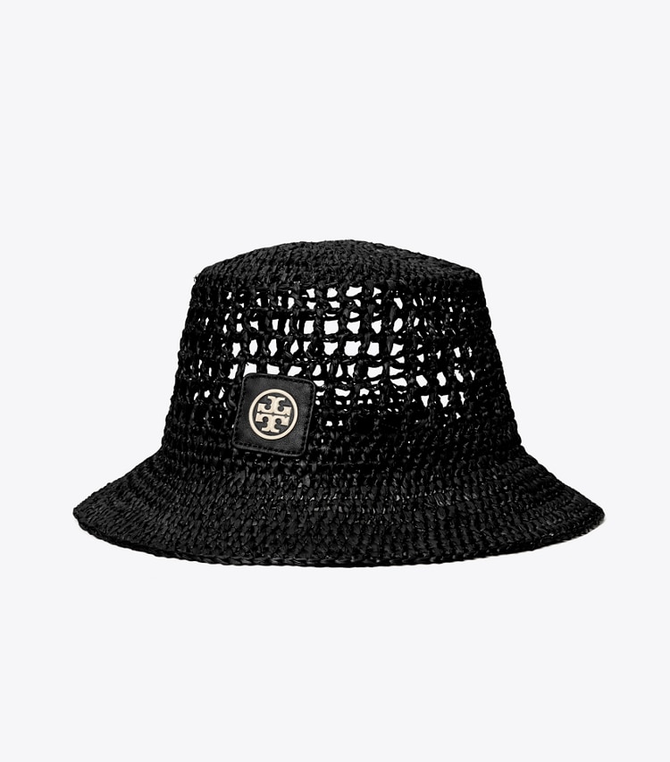 TORY BURCH WOMEN'S RAFFIA BUCKET HAT - Black / Black - Click Image to Close