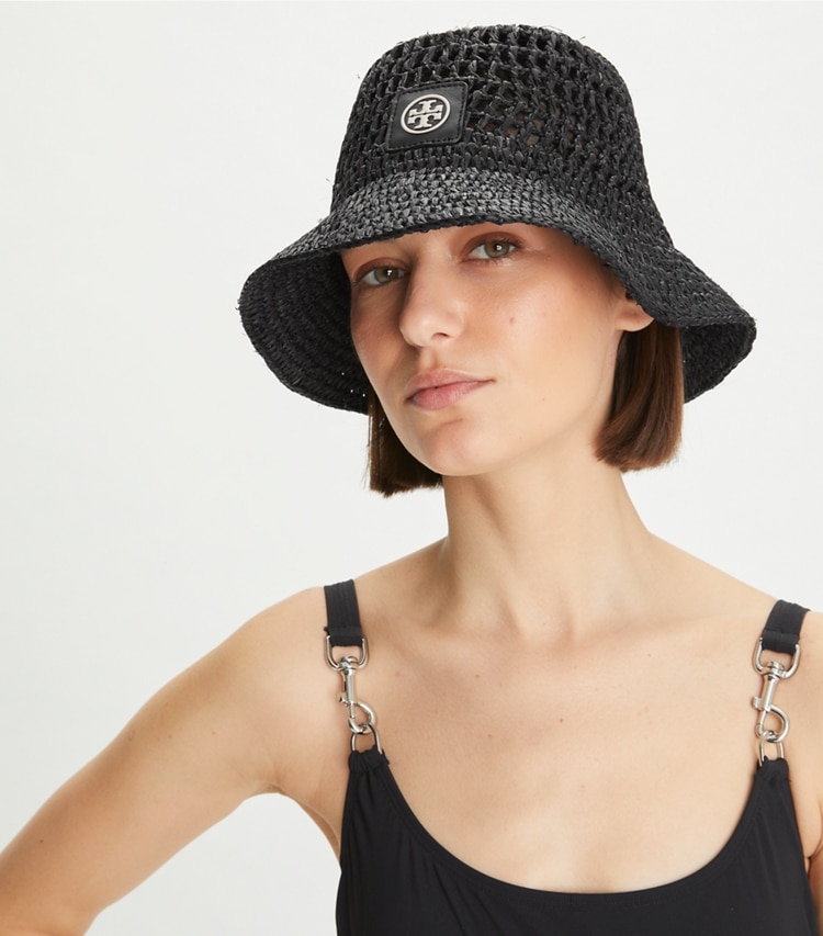 TORY BURCH WOMEN'S RAFFIA BUCKET HAT - Black / Black