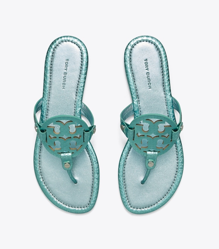 TORY BURCH WOMEN'S MILLER METALLIC SNAKE EMBOSSED SANDAL - Laguna Green