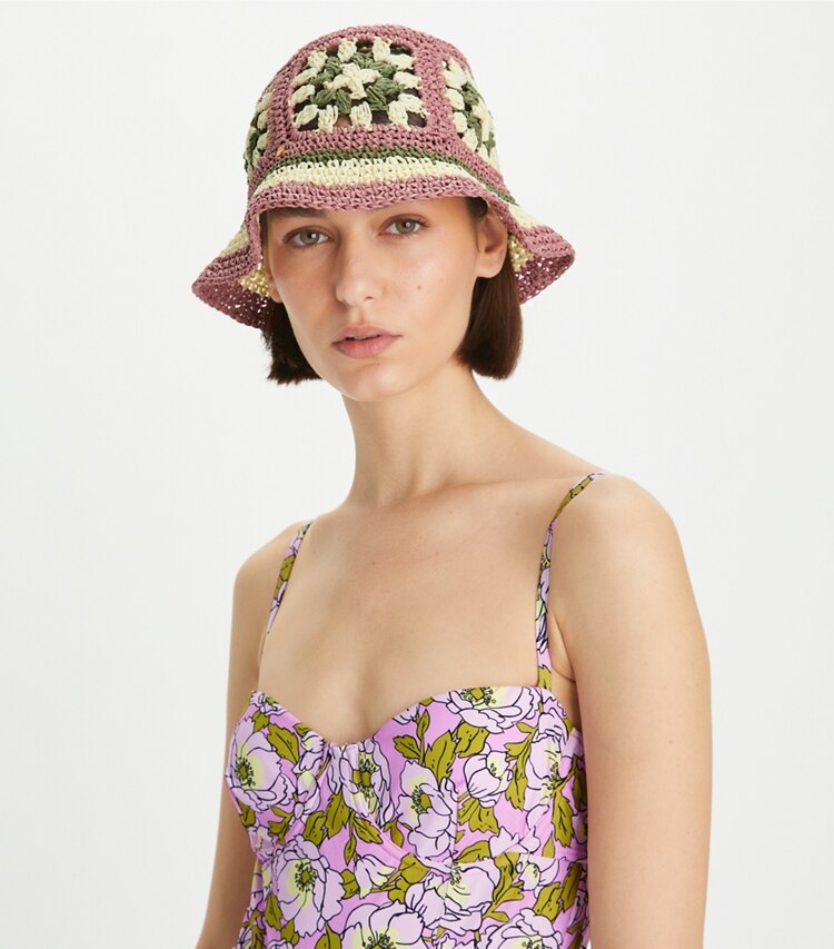 TORY BURCH WOMEN'S STRAW CROCHET SHORT-BRIM BUCKET HAT - Pink Bold Flower