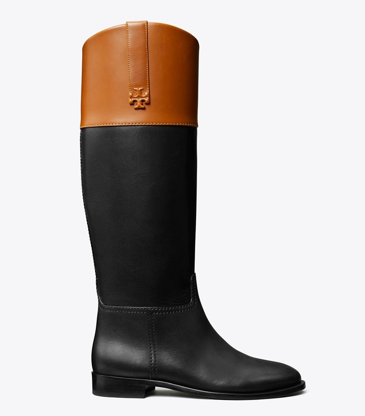 TORY BURCH WOMEN'S DOUBLE T RIDING BOOT, WIDE CALF - Perfect Black / Bourbon