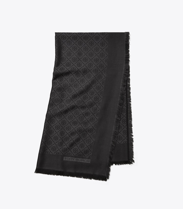 TORY BURCH WOMEN'S T MONOGRAM JACQUARD TRAVELER SCARF - Black