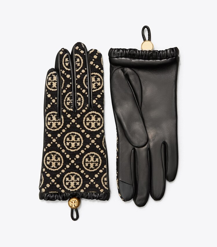 TORY BURCH WOMEN'S T MONOGRAM CHENILLE GLOVES - Black / New Cream - Click Image to Close