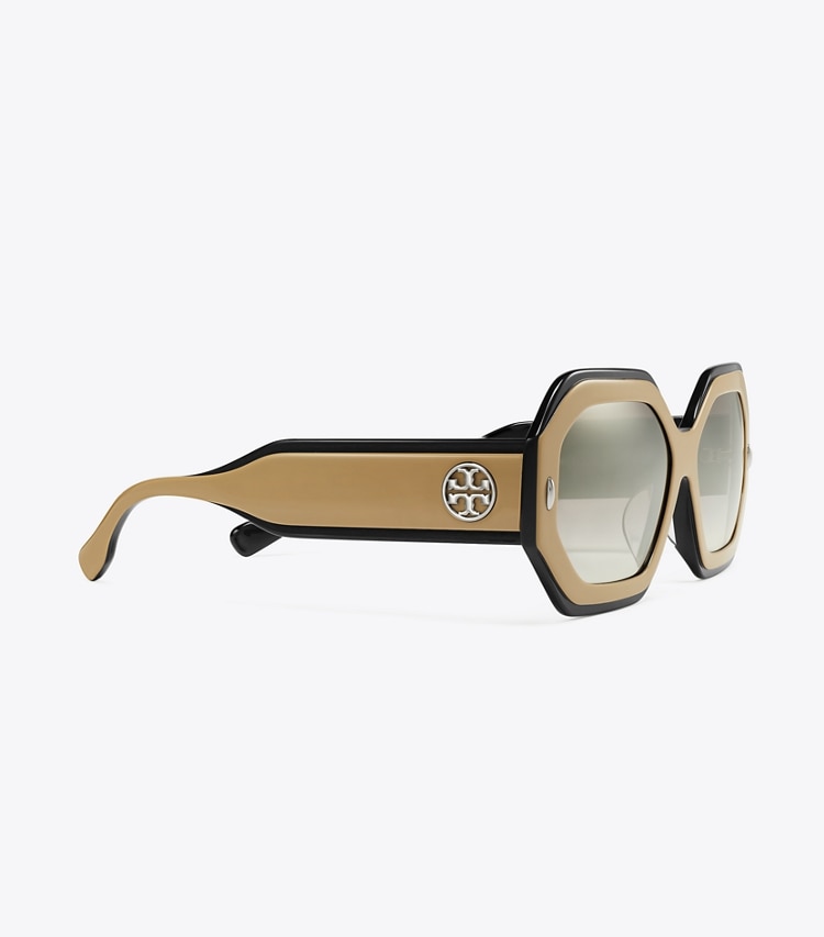 TORY BURCH WOMEN'S MILLER GEOMETRIC SUNGLASSES - Navy/Beige/Clear Grad Mirror Silver