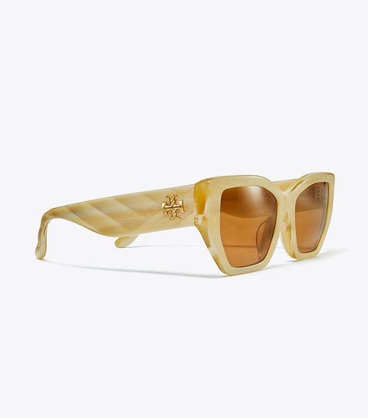 TORY BURCH WOMEN'S KIRA OVERSIZED GEOMETRIC SUNGLASSES - Ivory Horn/Solid Brown