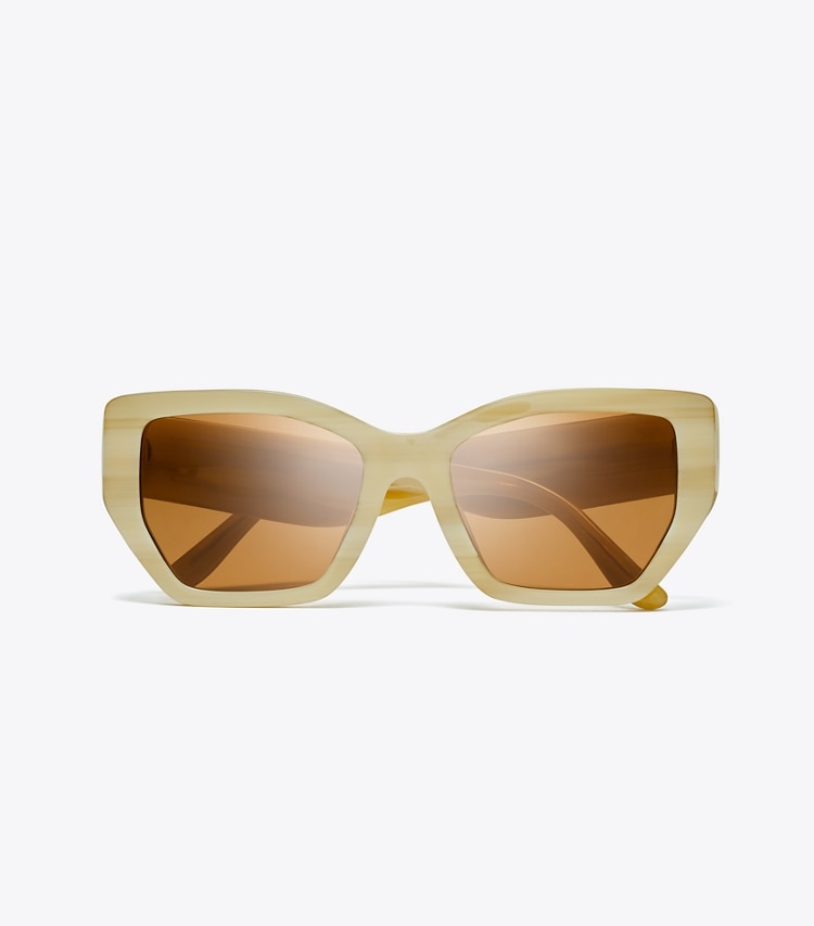 TORY BURCH WOMEN'S KIRA OVERSIZED GEOMETRIC SUNGLASSES - Ivory Horn/Solid Brown